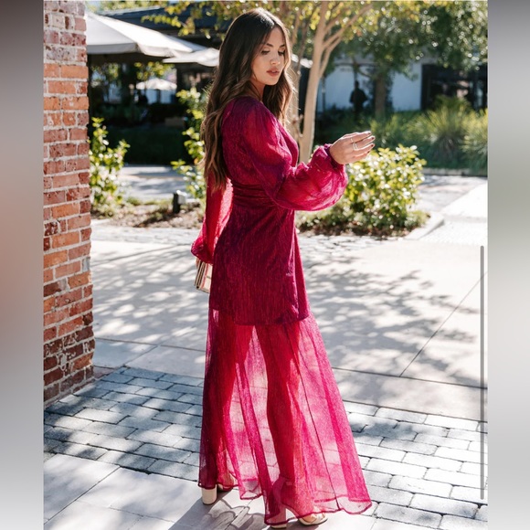 Loretta Plisse Metallic Balloon Sleeve Maxi Dress - Berry / XL - Picture 11 of 11